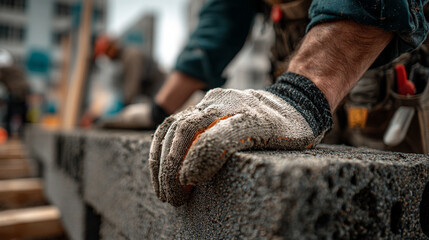 Worker’s hands building a wall from aerated concrete blocks, showing construction in progress, manual labor, and precision in assembling prefabricated masonry materials.