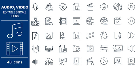 Audio and Video Media Production Vector Icons. Set of 40 line art symbols for music, filming, and editing. Includes clapperboard, equalizer, and microphone for media projects
