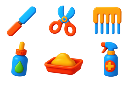 Falcon Care Icon Set. 3D icon set of falcon care supplies: claw file, beak trimmer, feather comb, vitamin drops, feeding tray,