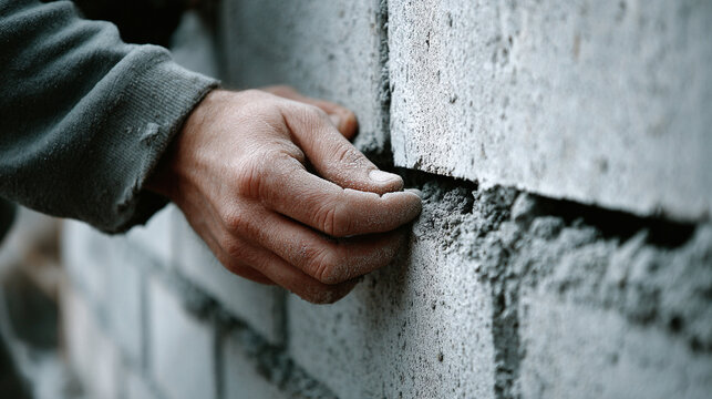 Worker’s hands building a wall from aerated concrete blocks, showing construction in progress, manual labor, and precision in assembling prefabricated masonry materials.
