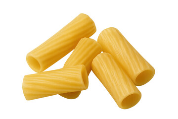 Rigatoni pasta pieces, uncooked durum wheat macaroni, traditional italian food, carbohydrate ingredient on transparent background