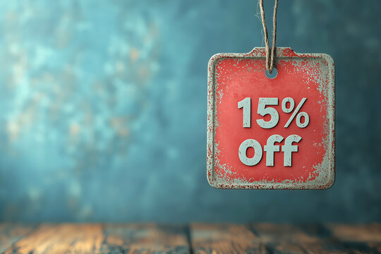 Retro promotional tag 15 percent off with copy space. Small discounts, shopping event, retail clearance, advertising campaign, holiday promotion concept. Limited offer marketing design. Seasonal sales