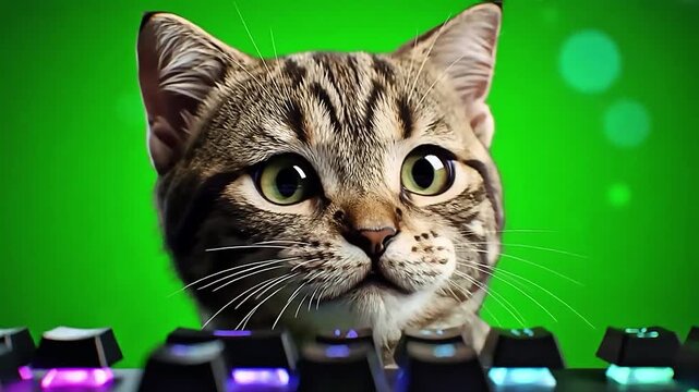 Curious Tabby Cat Peeking Over a Keyboard with Bright Green Background