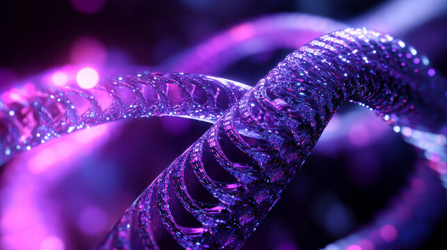 Digital double helix spinning in space with glowing strands and dynamic motion representing genetics, biotechnology, futuristic science, molecular structure, and advanced digital visualization - Powered by Adobe