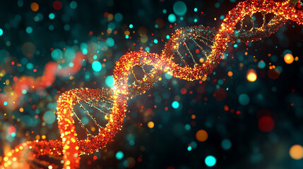 Digital double helix spinning in space with glowing strands and dynamic motion representing genetics, biotechnology, futuristic science, molecular structure, and advanced digital visualization