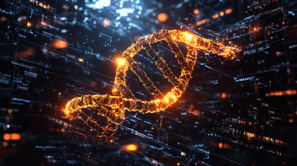 Digital double helix spinning in space with glowing strands and dynamic motion representing genetics, biotechnology, futuristic science, molecular structure, and advanced digital visualization