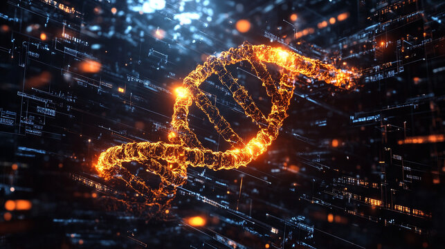 Digital double helix spinning in space with glowing strands and dynamic motion representing genetics, biotechnology, futuristic science, molecular structure, and advanced digital visualization - Powered by Adobe