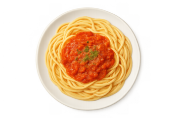 Spaghetti with rich tomato sauce on a white plate, delicious traditional italian pasta meal, overhead, transparent background
