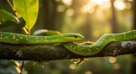 Obraz premium green snake on a tree branch