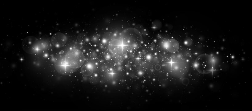 Fantasy night with bright silver particles and sparkling stardust. Festive scene with shimmering confetti and glowing lights.