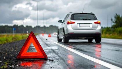 Warning triangle on roadside with broken down car