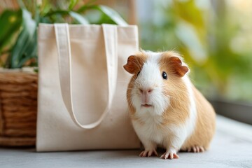 Cute guinea pig beside a fabric bag