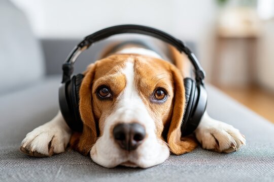 Beagle dog with headphones relaxing on a couch - Powered by Adobe