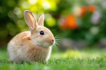 Fototapeta premium Cute Rabbit on Grass with Blurred Background