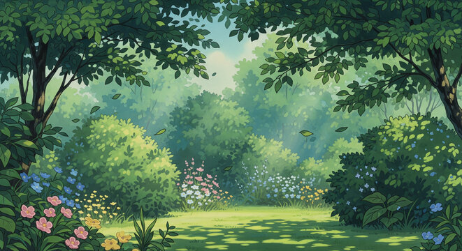 sunlight in the forest with green trees