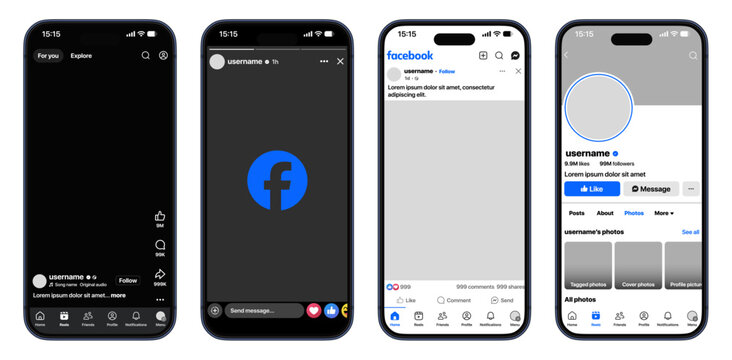 Facebook complete post layout showing home feed friends reels stories profile bio reactions likes comments shares and core tools in a modern mobile vector illustration