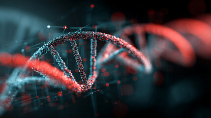 DNA helix floating above a digital tech grid with glowing strands representing genetics, biotechnology, futuristic science, molecular structure, and advanced digital visualization in high-tech style