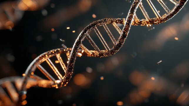 DNA helix floating above a digital tech grid with glowing strands representing genetics, biotechnology, futuristic science, molecular structure, and advanced digital visualization in high-tech style