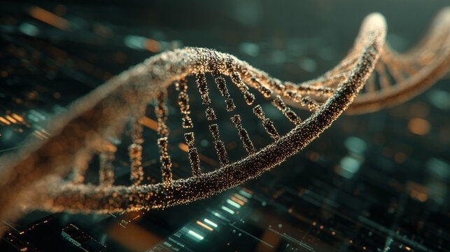 DNA helix floating above a digital tech grid with glowing strands representing genetics, biotechnology, futuristic science, molecular structure, and advanced digital visualization in high-tech style