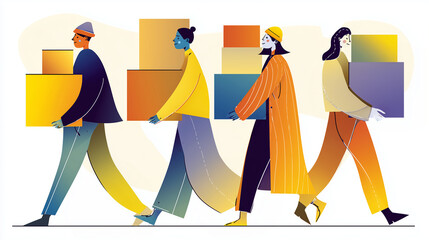 People carrying colorful boxes while walking in an urban setting for Boxing Day  