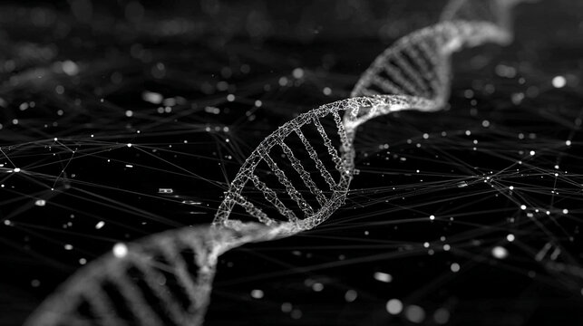 DNA helix floating above a digital tech grid with glowing strands representing genetics, biotechnology, futuristic science, molecular structure, and advanced digital visualization in high-tech style