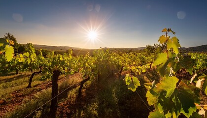 Naklejka premium Vineyard Leaf In Golden Sunlight Backlit Grape Leaf In Vineyard During Sunrise Showcasing The Plant S Texture And Natural Beauty