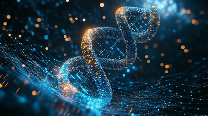 DNA helix floating above a digital tech grid with glowing strands representing genetics, biotechnology, futuristic science, molecular structure, and advanced digital visualization in high-tech style