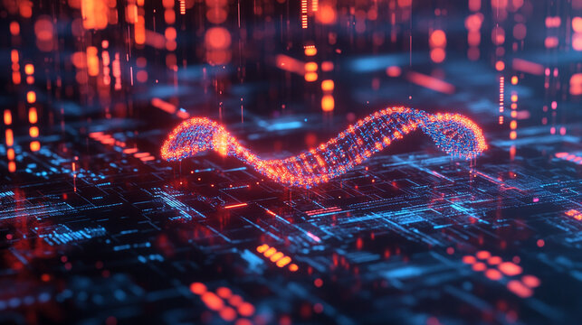 DNA helix floating above a digital tech grid with glowing strands representing genetics, biotechnology, futuristic science, molecular structure, and advanced digital visualization in high-tech style - Powered by Adobe