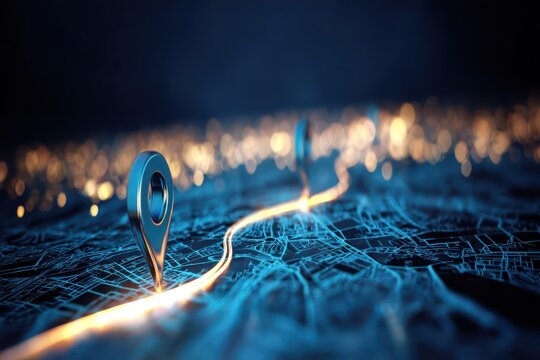 Digital Map Logistics: Location Pins and Futuristic Route Path