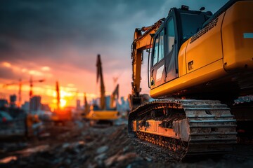 Large Yellow Excavator at Active Earthmoving Construction Site