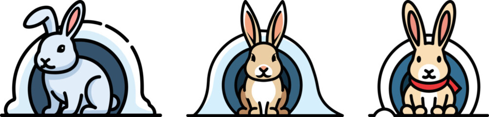Obraz premium Three cartoon rabbits of different colors and styles sitting in circular burrow entrances, including a white rabbit, a brown rabbit, and a beige rabbit with a red scarf on a transparent background.