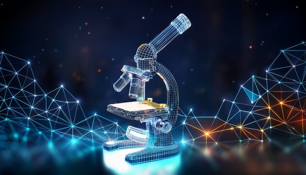 wireframe microscope on dark background with glowing nodes and lines detail view