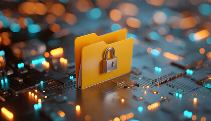 Padlock protects data folder on tech circuit board. Yellow folder stores secure confidential information. Digital safety cyber