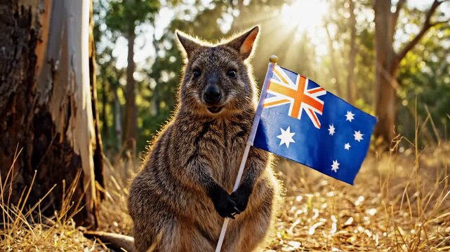 Adorable quokka holds Australian flag in sunlit forest setting