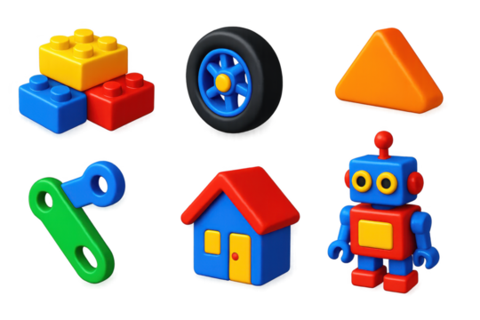 Collection of toys including a robot, a house, a car, and a wheel