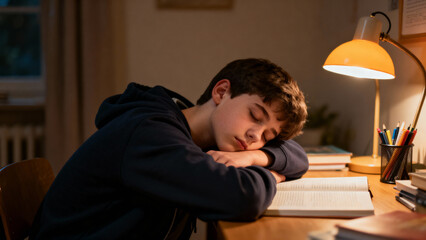 Obraz premium Teenager asleep at study desk with warm lamp glow and balanced indoor lighting