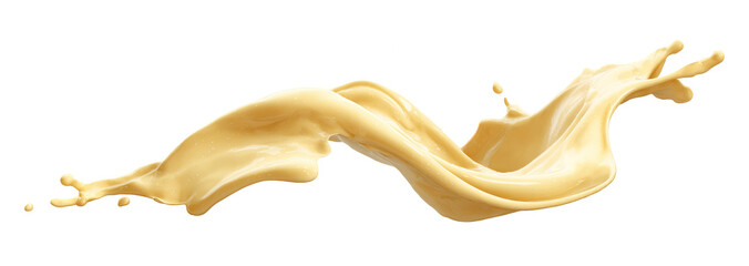 Pale light yellow creamy liquid splash isolated PNG cutout, transparent background. Dynamic milky pastel color spill presentation for drink or cosmetic care cream
