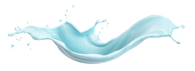 Pale light blue creamy liquid splash isolated PNG cutout, transparent background. Dynamic milky pastel color spill presentation for drink or cosmetic care cream