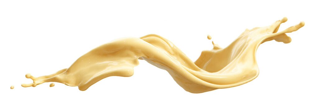 Pale light yellow creamy liquid splash isolated PNG cutout, transparent background. Dynamic milky pastel color spill presentation for drink or cosmetic care cream