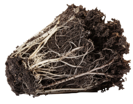 Detailed soil block with exposed plant roots, showing fine root hairs and rich soil texture for agricultural or biology concepts. Isolated on transparent background, png.