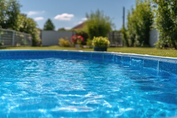 Clear Blue Water in Backyard Metal Frame Swimming Pool on Sunny Day