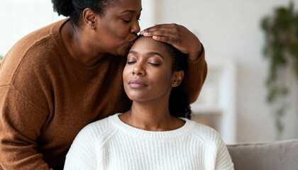 Loving black mother kissing her adult daughter on the forehead. Tender moment of family affection and support at home