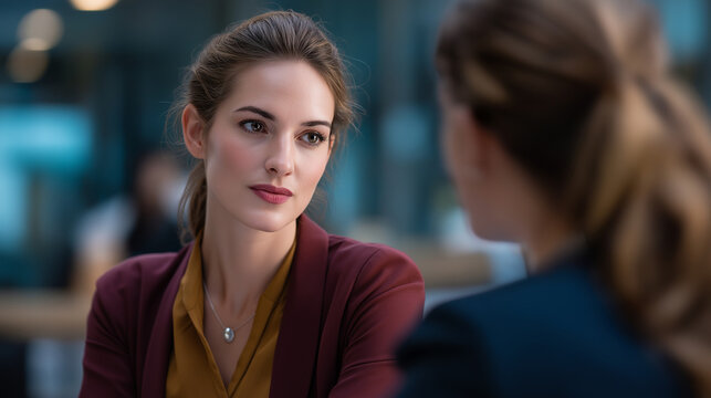 Two faceless women in conversation focus on attentive listening professional discussion trust and communication concept modern workplace interaction business counseling - Powered by Adobe