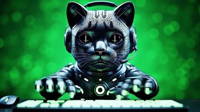 Cybernetic cat with headphones playing on a computer keyboard