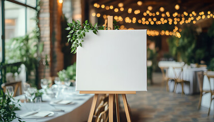 Blank wooden easel signboard decorated with green leaves stands in restaurant dining area. Tables set for meal