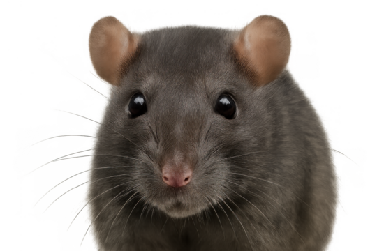 Domestic pet rat portrait, black eyes and pink nose, looking directly at camera, transparent background