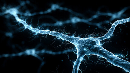 Electric pulses surge through interconnected neurons, forming a vivid web of glowing synapses. The scene conveys energy, communication, cognition, and advanced neural activity.

