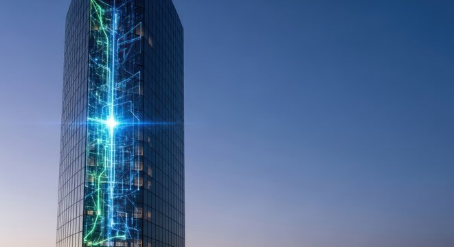 Modern skyscraper with advanced network connections and energy flow visualization - Powered by Adobe