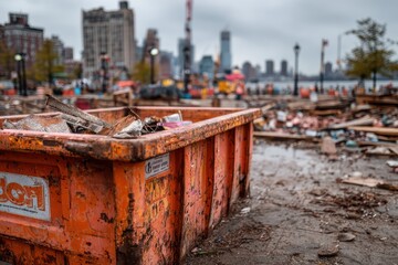 Naklejka premium Orange Construction Dumpster Filled with Urban Debris