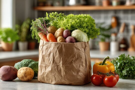 Organic Food Waste in Paper Bag on Kitchen Counter